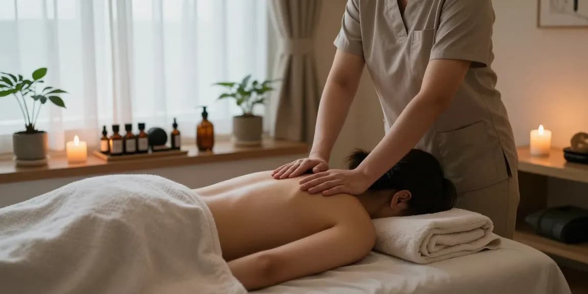 A tranquil 의왕출장마사지 scene with a client receiving a soothing massage in a calming environment.