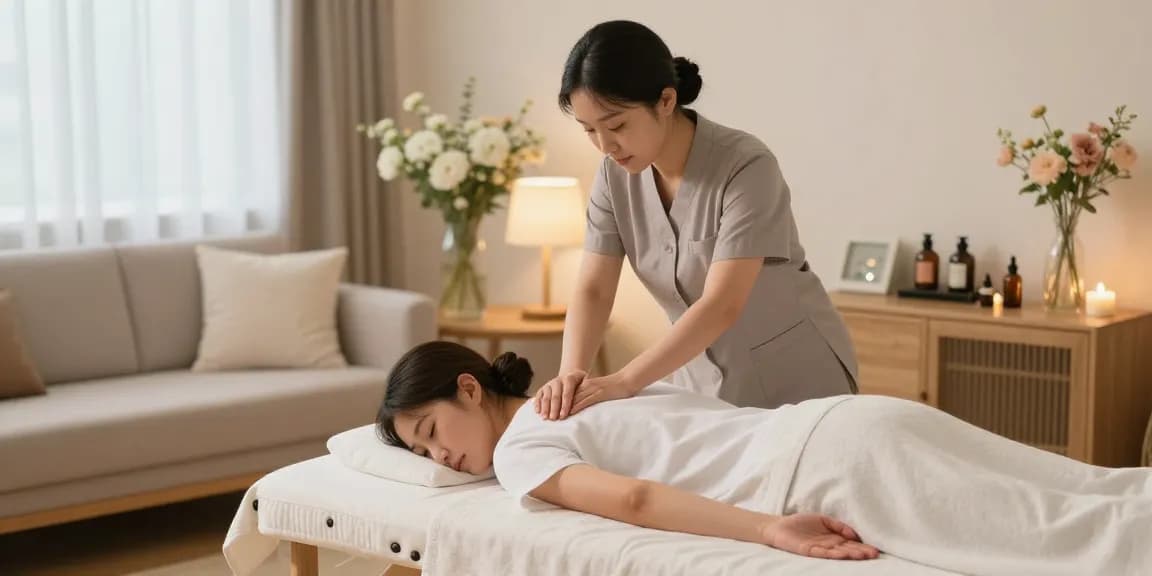 Relaxing 일산출장안마 experience with a skilled Korean therapist in a serene living room.
