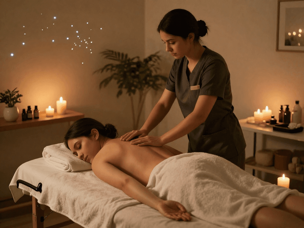 의정부출장마사지 session in a tranquil home spa setting with warm lighting and soothing ambiance.