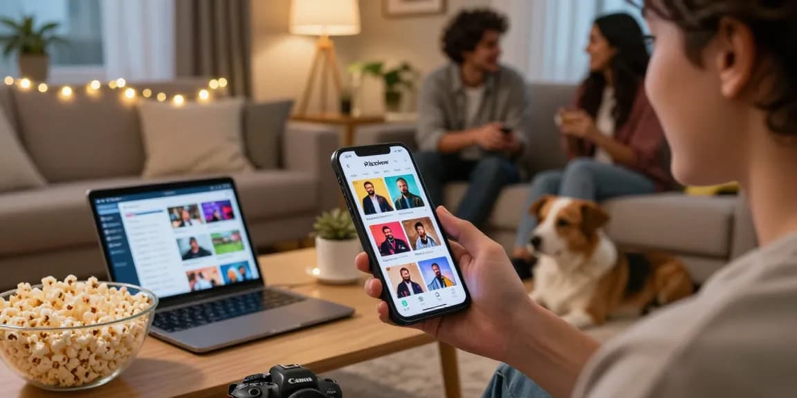Youth streaming Pikashow APK on smartphone in a cozy living room, indicated vibrant movie thumbnails.