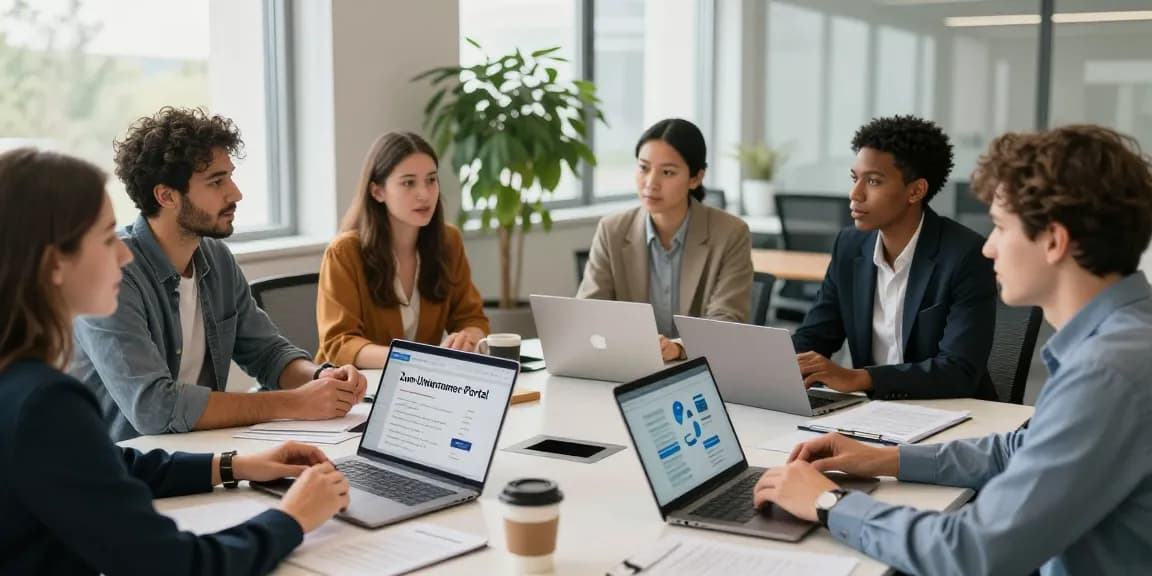 Entrepreneurs discussing strategies at the Zum Unternehmer-Portal in a modern office setup.