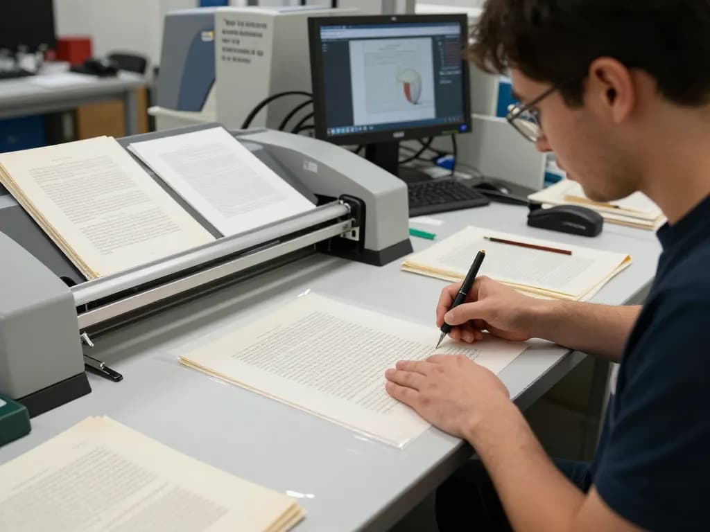 Bóc plastic process in document restoration featuring technician and tools.