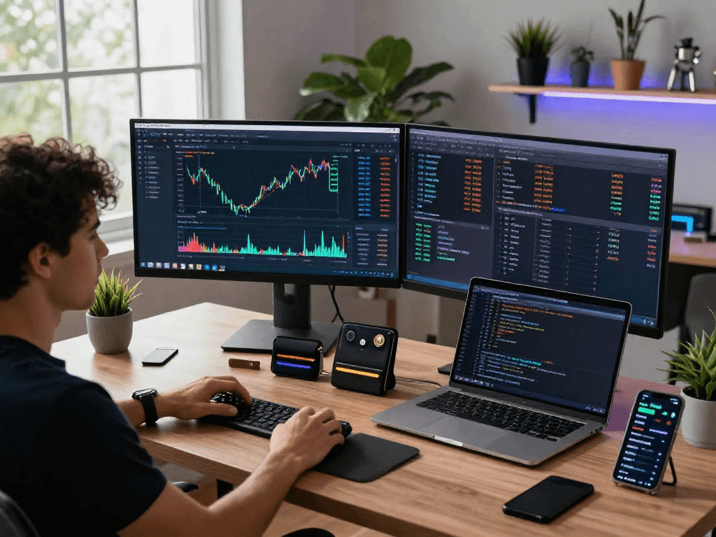 Kyber-swap trading setup displaying cryptocurrency dashboards and live feeds in a modern workspace.