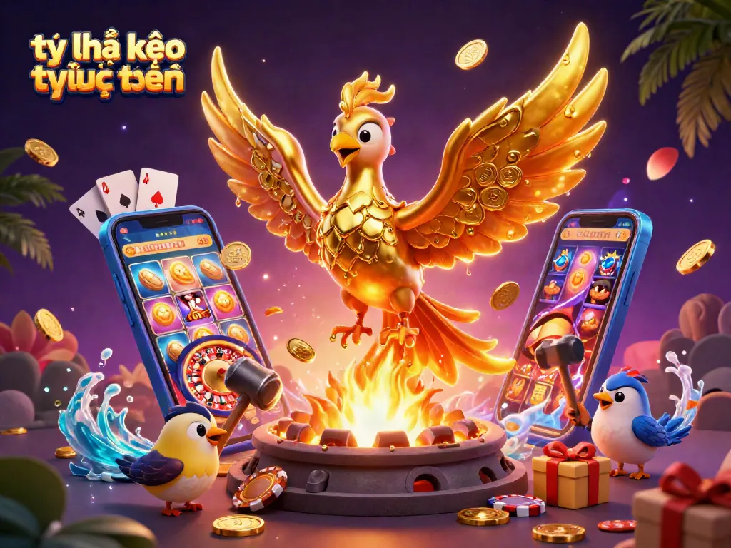 Experience the thrill of tỷ lệ kèo trực tuyến as golden coins fly out from a gaming smartphone.