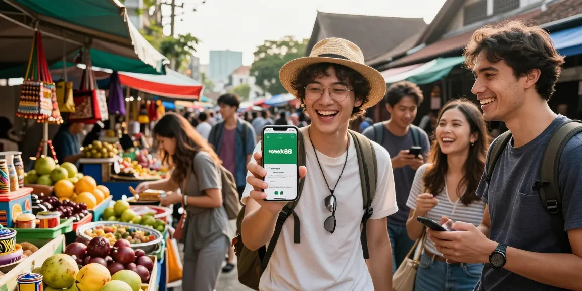 Traveler engaging with the rokok88 daftar app at a lively outdoor market.