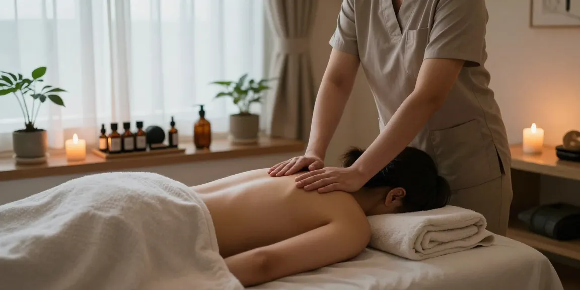 A tranquil 의왕출장마사지 scene with a client receiving a soothing massage in a calming environment.