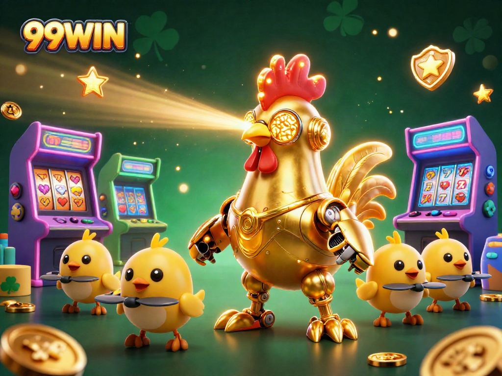 Engage with the dynamic 99WIN casino experience featuring laser-engraving gold patterns and festive arcade elements.