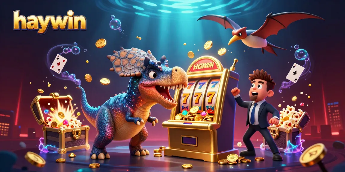 Experience the thrill of haywin as cartoon dinosaurs interact with a magical jackpot slot machine, surrounded by gleaming treasure.