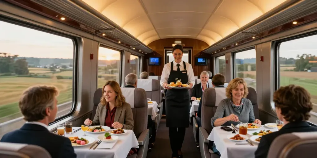Enjoying first class train tickets experience with gourmet dining and scenic views
