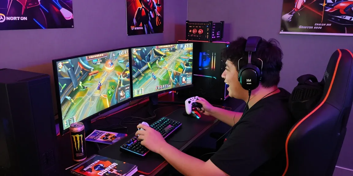Exciting gaming scene with player using Overwatch 2 Hack in a vibrant, tech-filled environment.