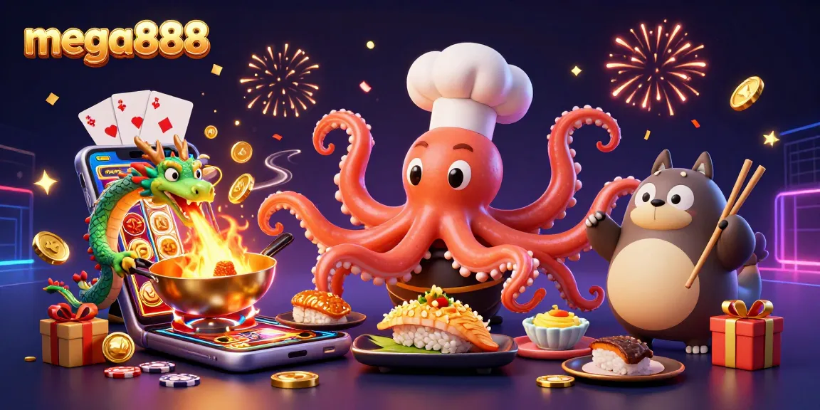 Experience mega888 with an action-packed 3D illustration showcasing vibrant characters and casino elements.