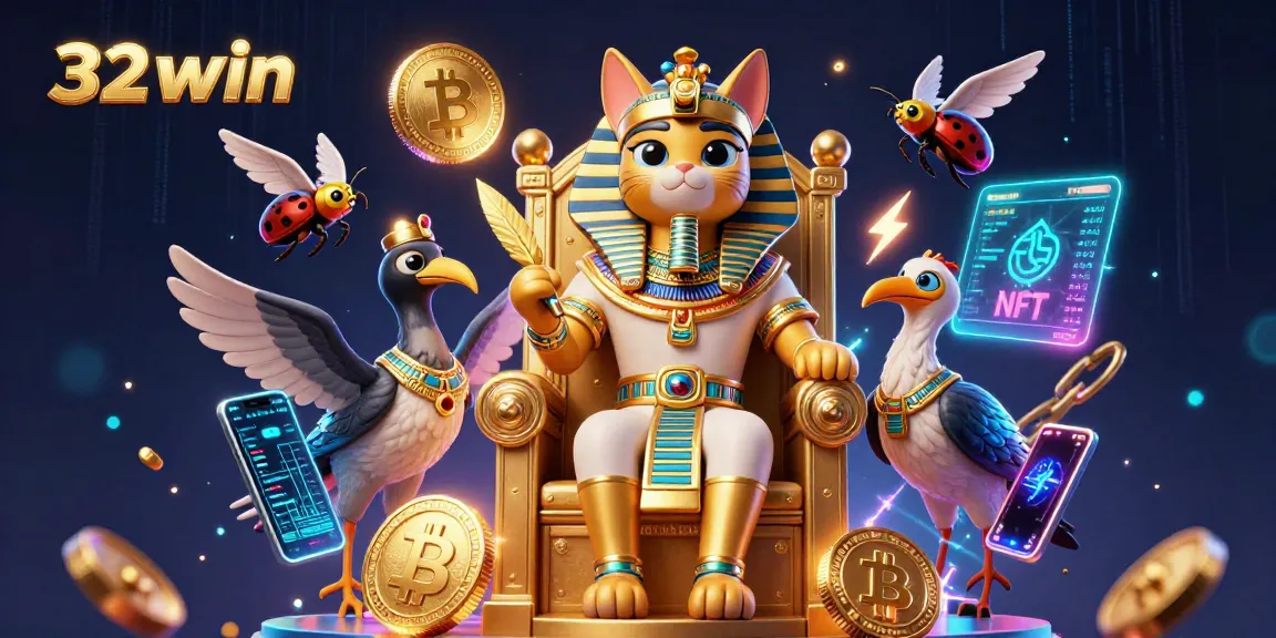 Engage in thrilling gaming experiences at 32win with vibrant 3D digital artwork showcasing stacked crypto coins and lively characters.