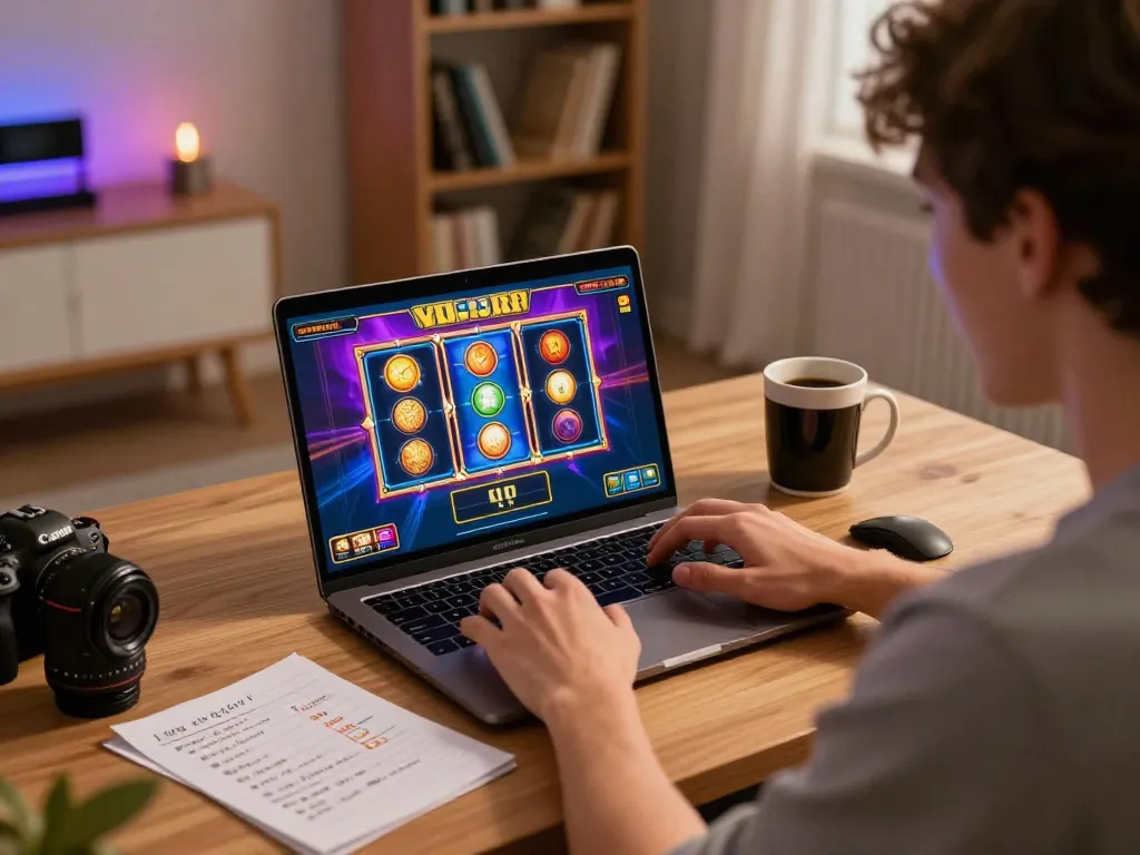 Engaging online gaming session at home showcasing organiclifetree gaming strategies for slots.