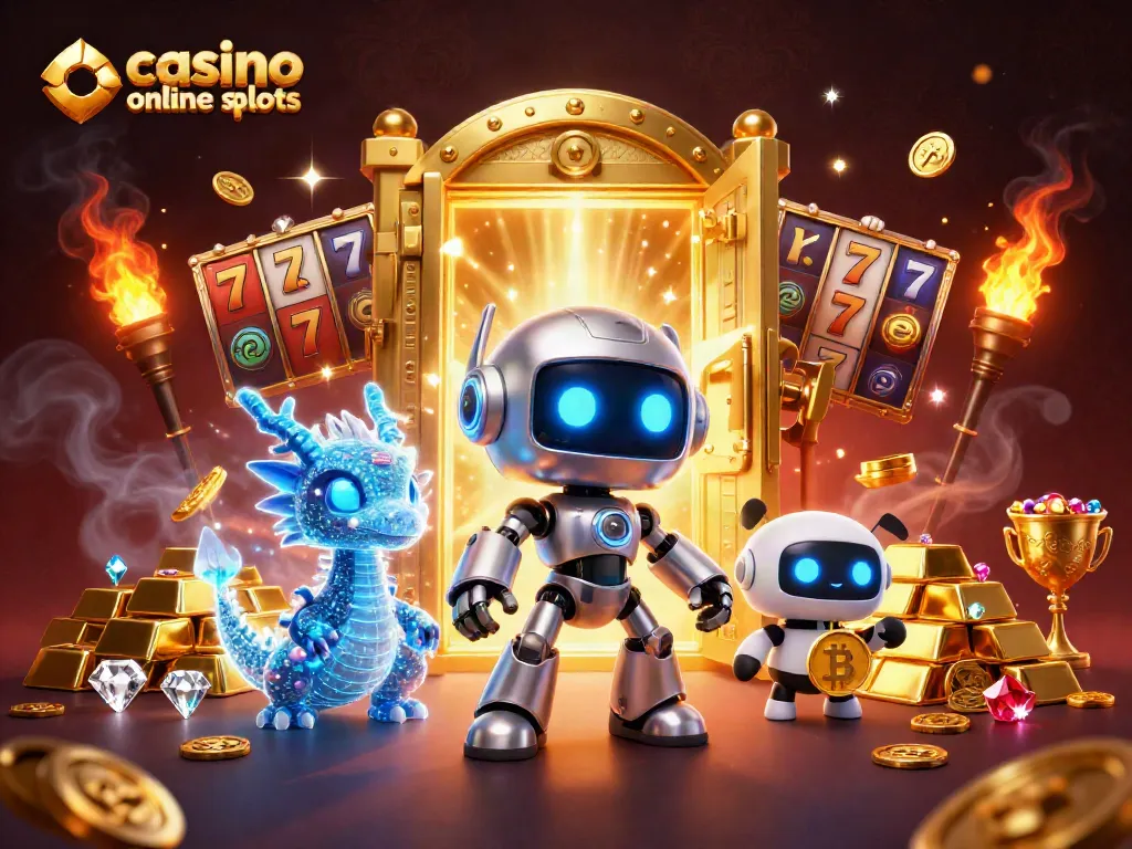 Experience thrilling casino online slots with a vibrant 3D illustration of a cyberpunk robot and treasures.