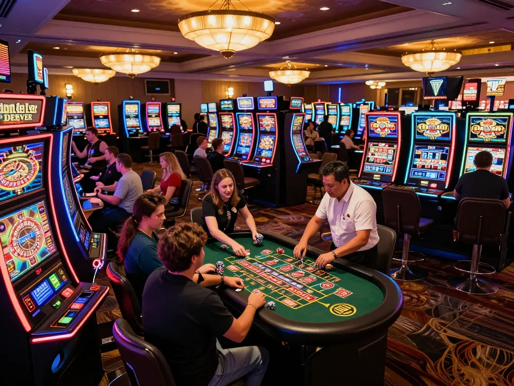 Excited players engaging with slot machines at donkeyotdenver, showcasing vibrant casino atmosphere.