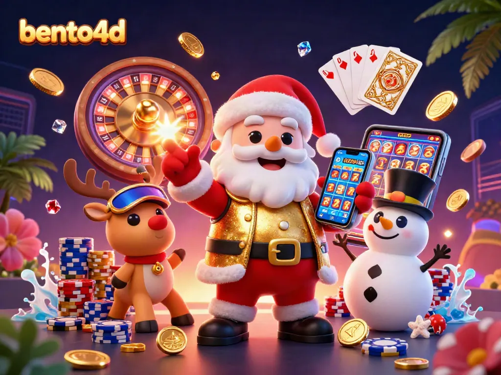 Bento4d showcases a vibrant casino scene with Santa, a reindeer dealer, and a poker chip snowman celebrating winnings.