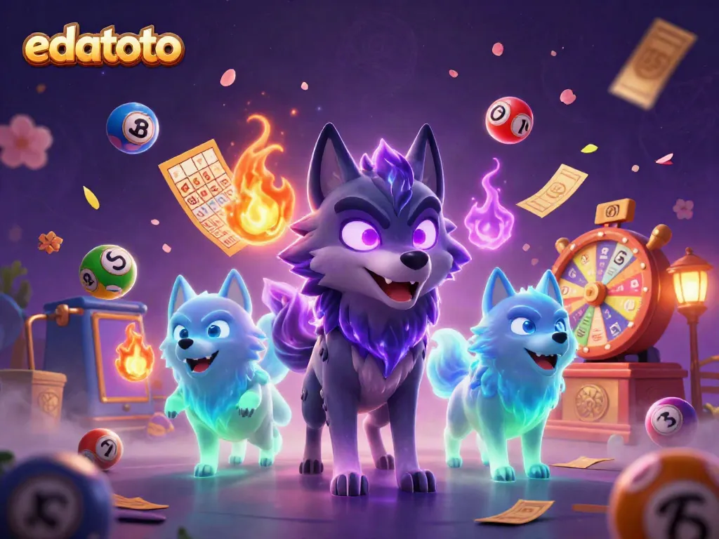 Engage with edatoto's thrilling lottery experience featuring glowing wolves amidst colorful lottery balls and vibrant visuals.