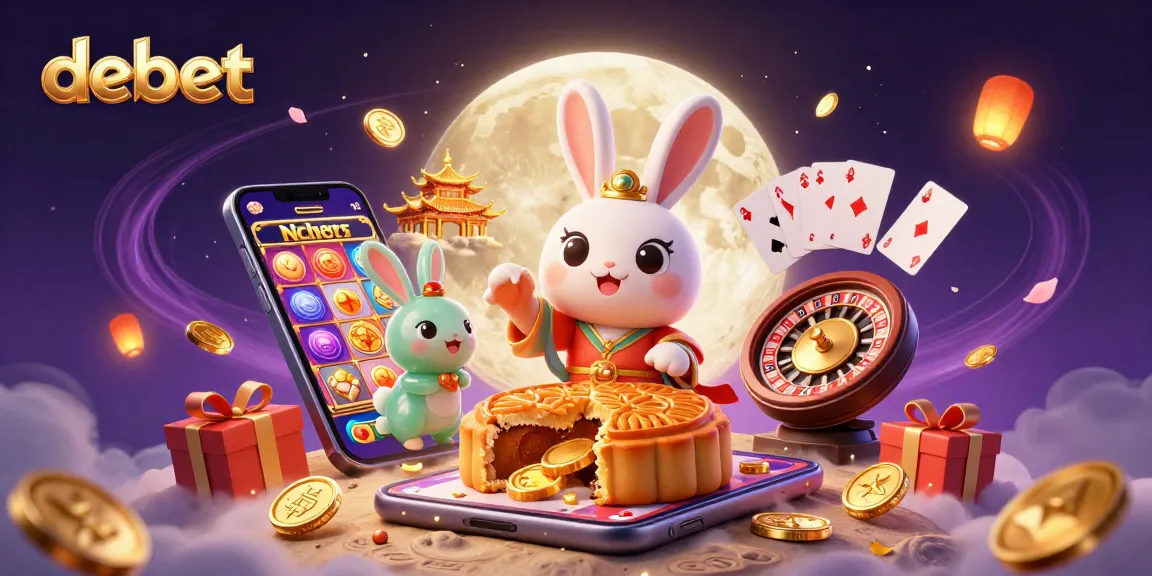 Debet showcases a lively scene with a moon rabbit and gaming elements in a mystical casino setting.