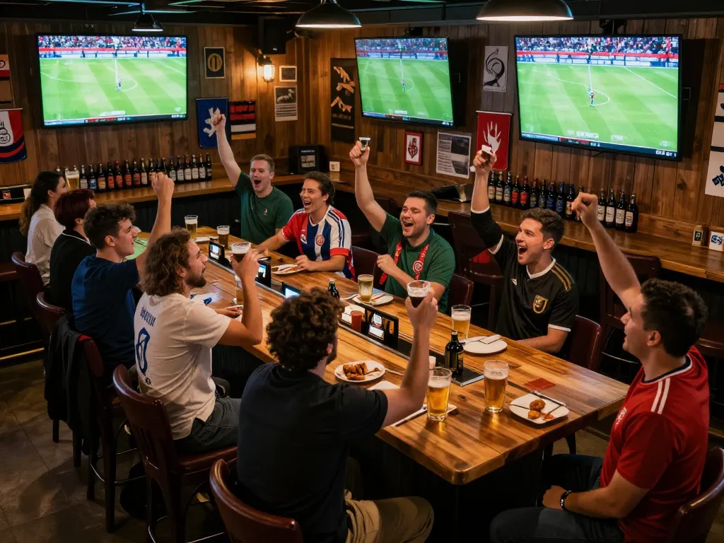 Engaged fans cheering together at a lively sports bar watching worldcup2026 matches.