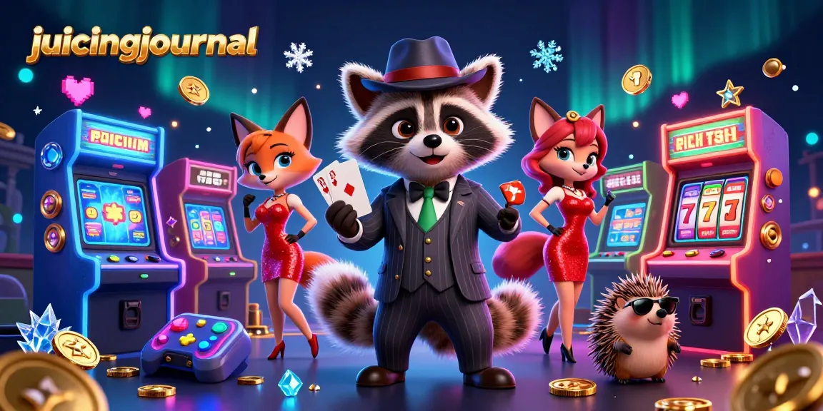Experience juicingjournal's vibrant casino scene with a suave raccoon and charming fox amidst dynamic slot elements.