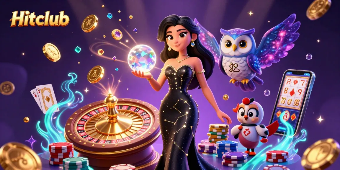 Experience excitement at Hitclub with stunning 3D casino elements, including golden coins and vibrant poker chips.