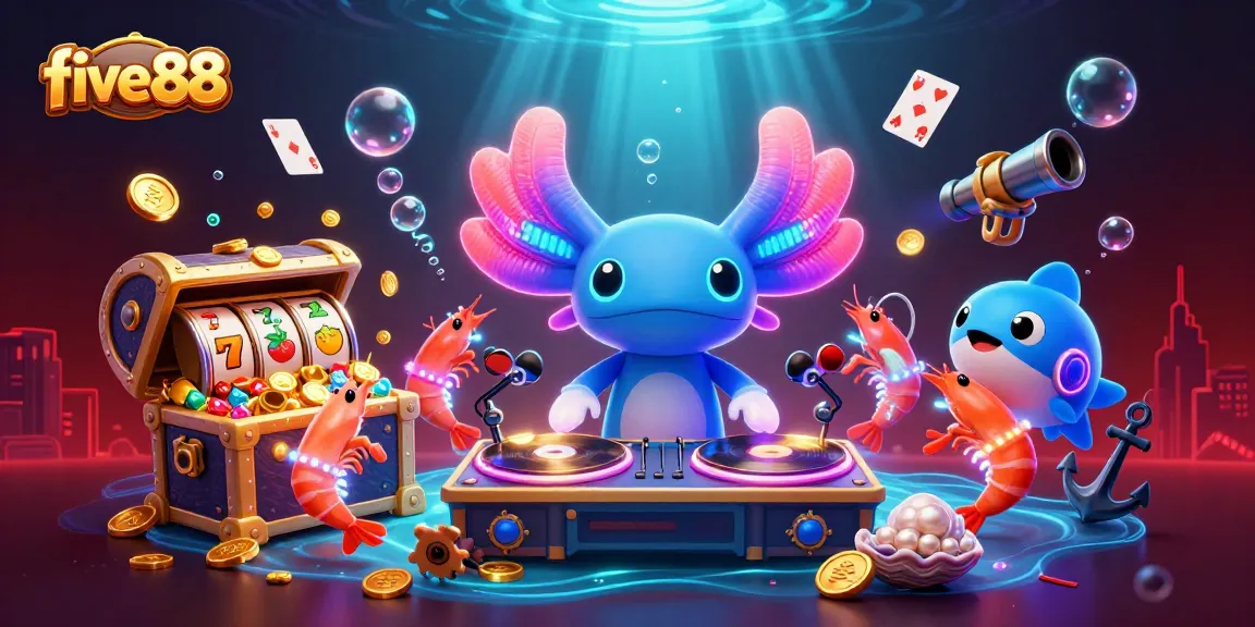 Experience the excitement of five88 with vibrant casino elements and colorful characters in this 3D illustration.