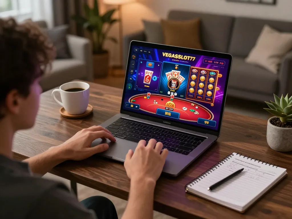 Engaging gameplay on vegasslot77, showcasing a vibrant online gaming setup for poker and slots.