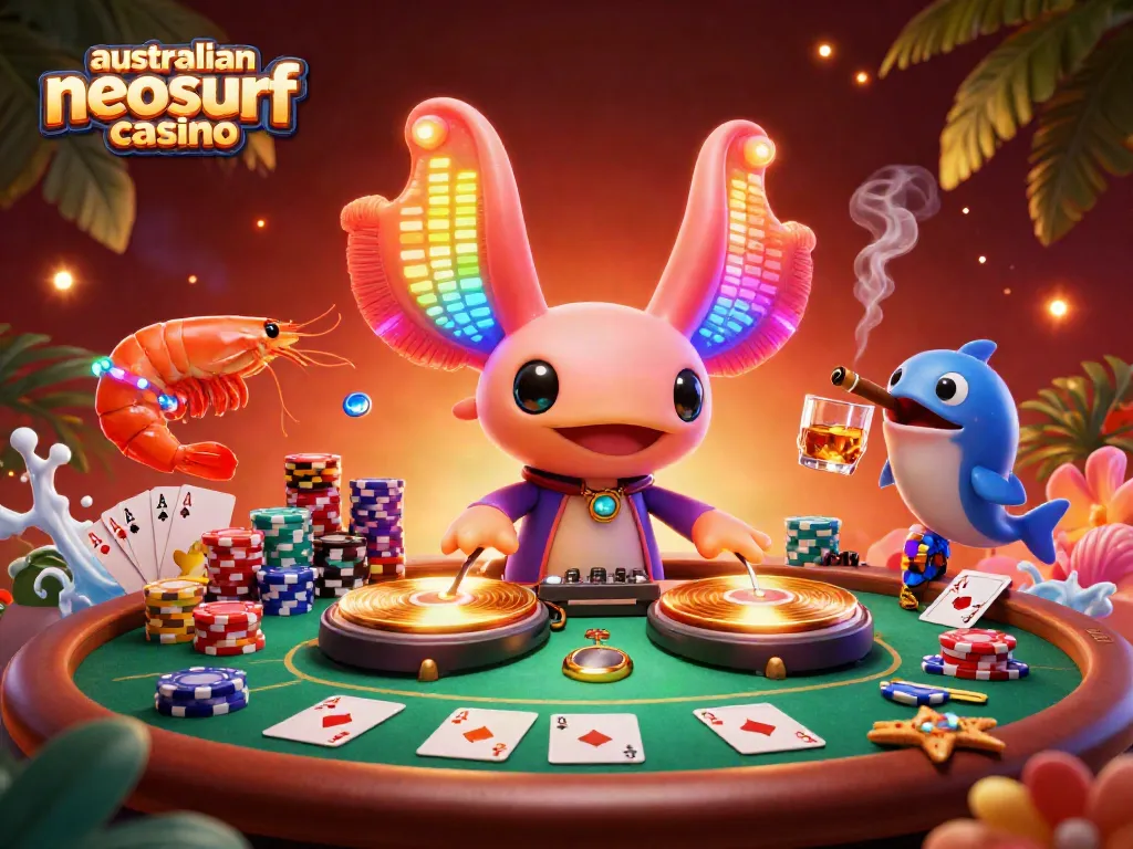 Interactive scene showcasing the vibrant atmosphere of an australian neosurf casino with lively characters.
