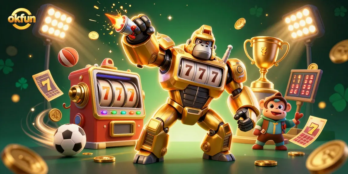 Experience thrilling gaming at okfun with a dynamic scene featuring a golden gorilla mech and vibrant casino elements.