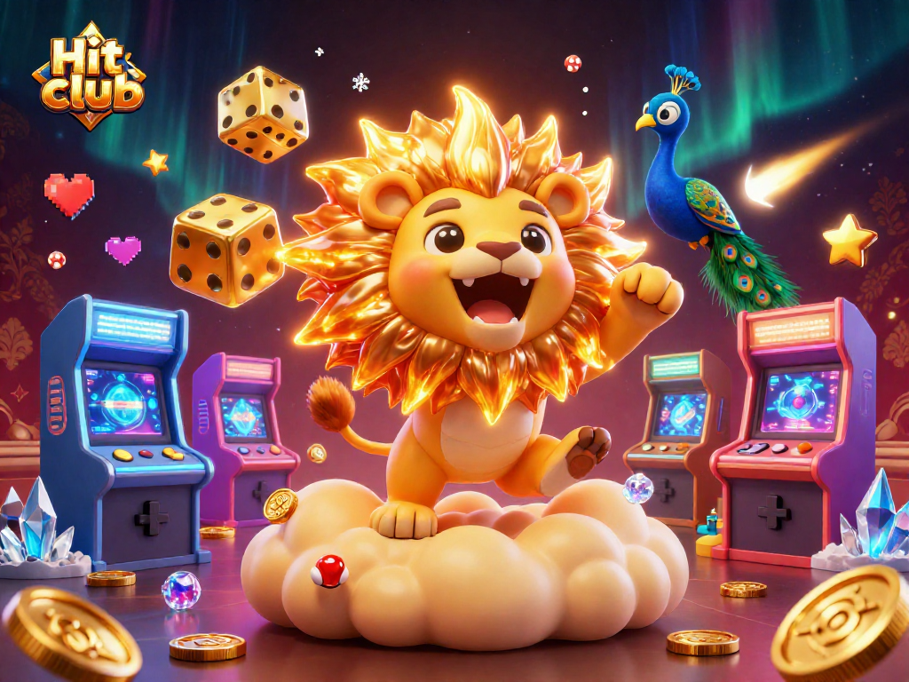 Engage in the Hit club experience with thrilling 3D casino elements featuring a sun lion and golden dice.
