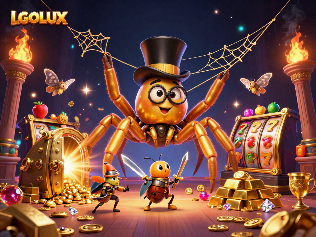 Spin and win with LGOLUX as a golden tarantula hosts a thrilling slot adventure.