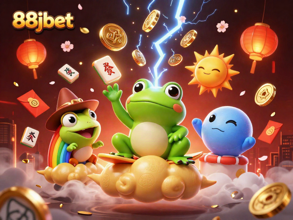 88jbet showcases a cartoon wizard frog and chameleon amidst a lively casino scene, creating a coin storm.