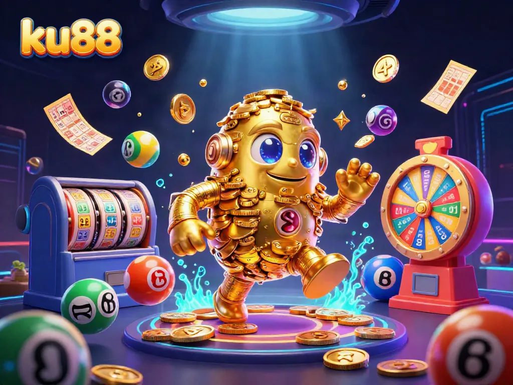 Experience thrilling casino action with ku88's golden golem and vibrant lottery elements in a dazzling 3D illustration.