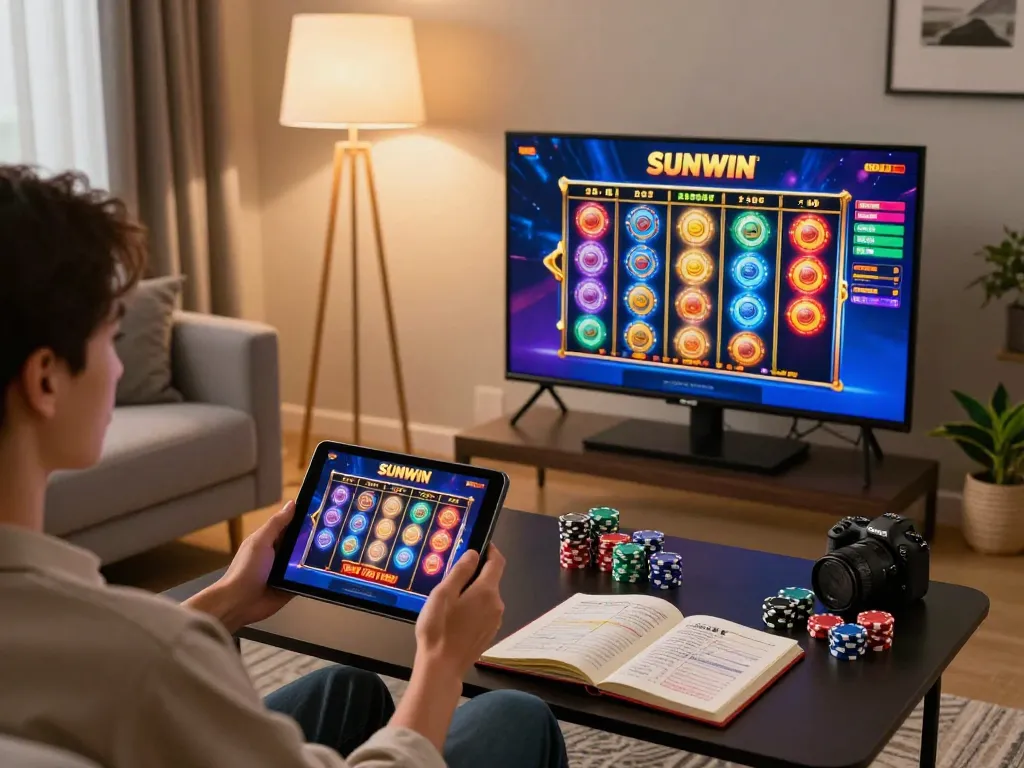 Player enjoying SUNWIN online gambling on tablet, with colorful slot game displayed.