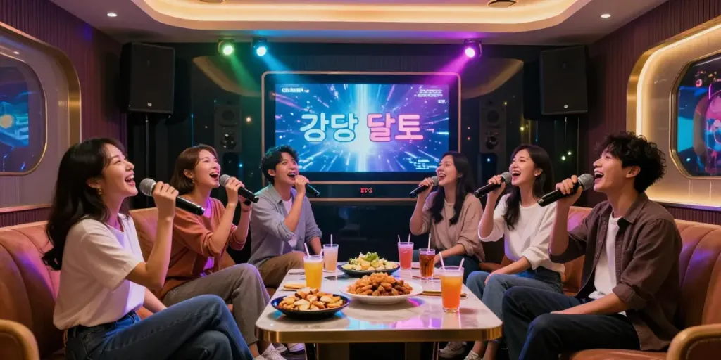 강남 달토에서 친구들이 노래하며 즐기는 모습, 화려한 조명과 고급스러운 인테리어가 돋보임