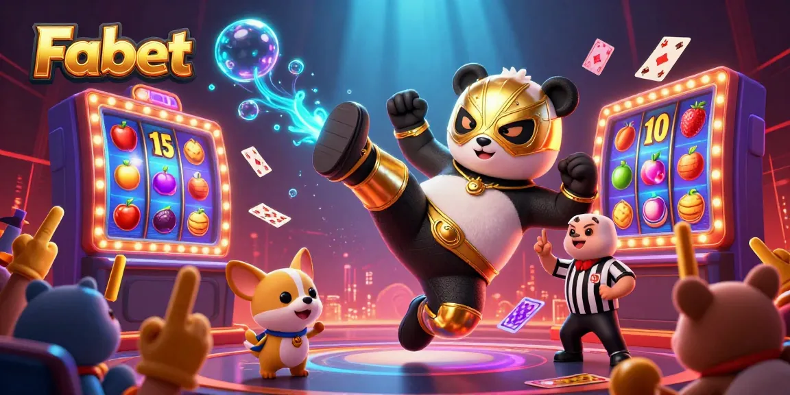 Fabet showcases thrilling slot reels and action-packed gameplay with a wrestling panda and cheering animal fans.