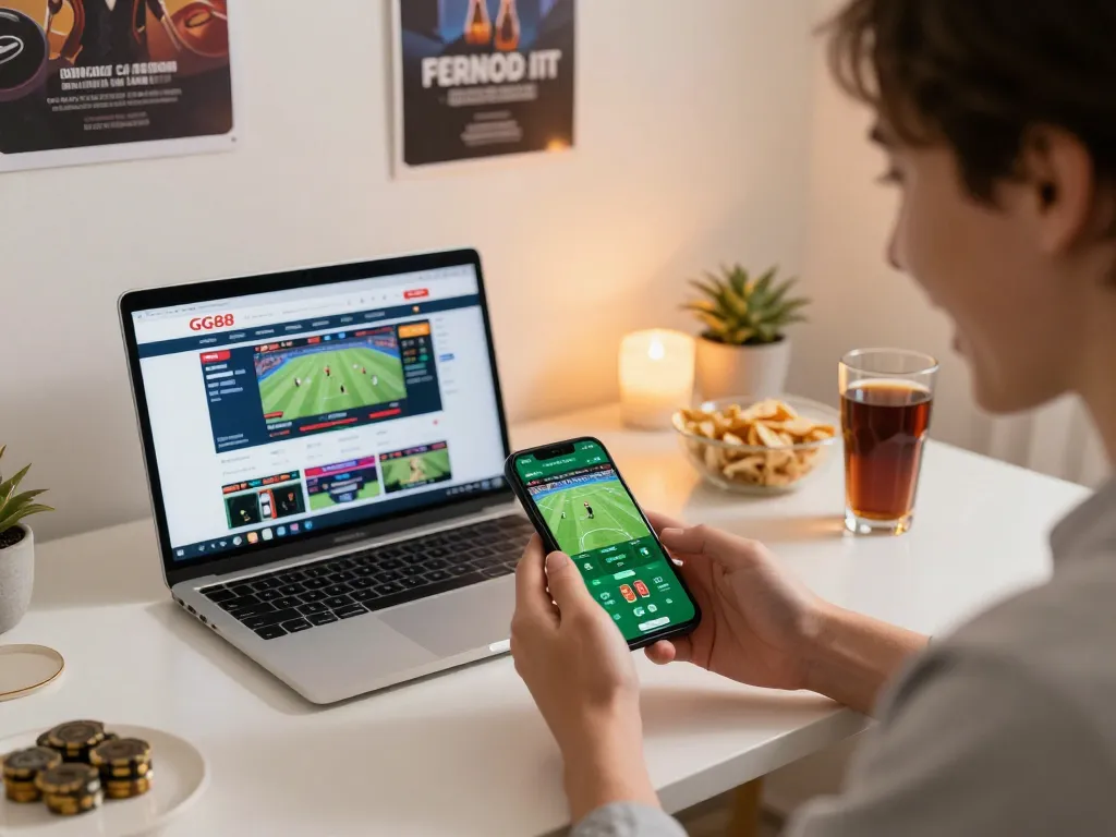 Excited player engaging with GG88 sports betting app on smartphone, demonstrating strategic betting actions.