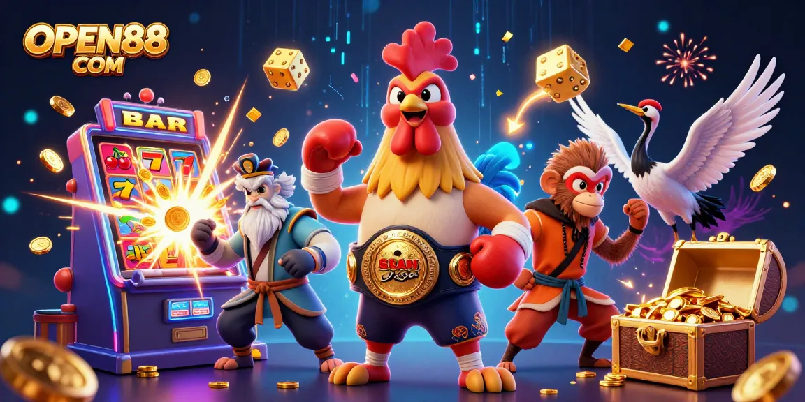 Win big with OPEN88 COM in this vibrant casino-themed digital illustration, showcasing exciting gaming elements.