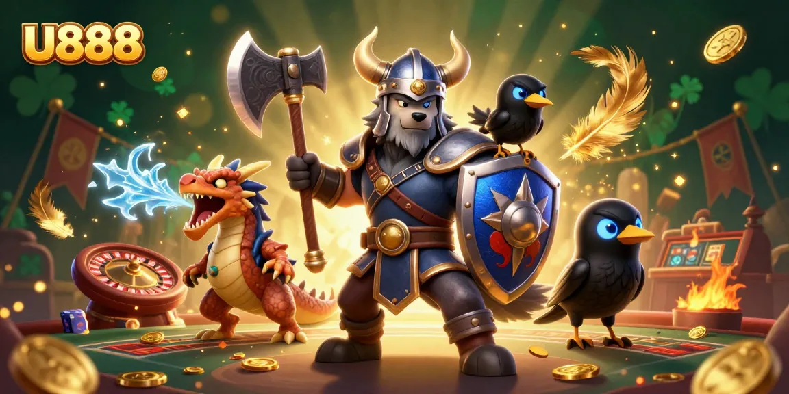 Experience U888 with a Viking wolf warrior, dragon, and casino elements in this vibrant party scene.