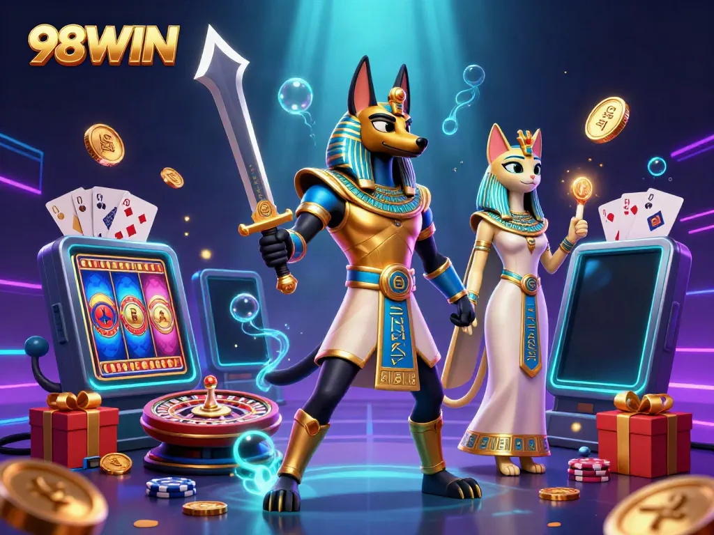 Experience exciting gameplay with 98WIN in this vibrant casino scene showcasing Anubis and Bastet amid rich gaming elements.