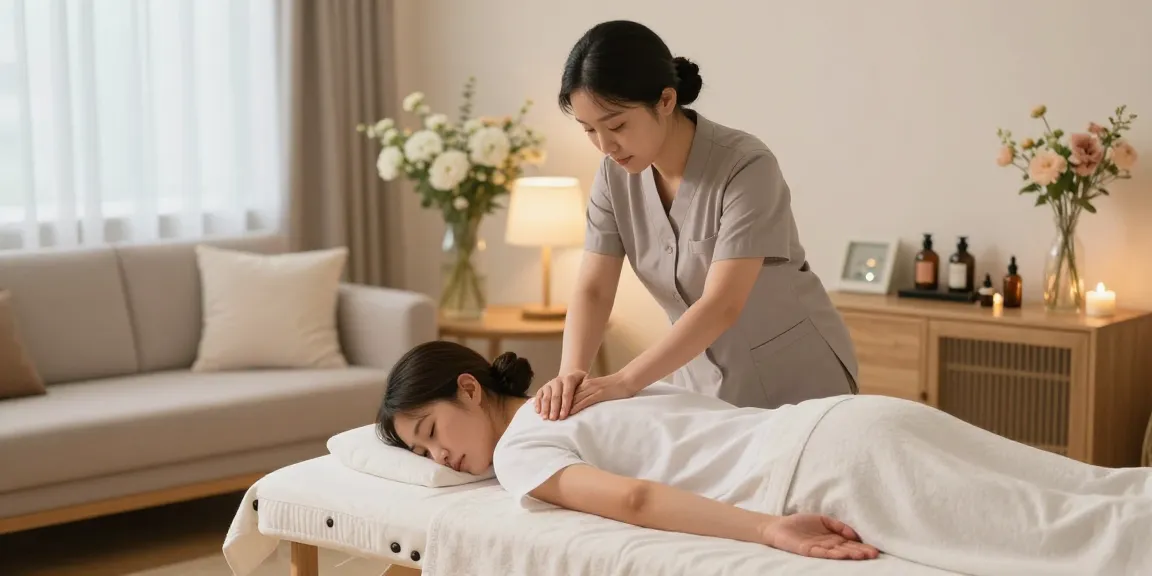 Relaxing 일산출장안마 experience with a skilled Korean therapist in a serene living room.