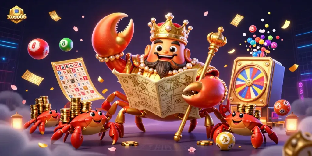 Experience thrilling gameplay with xoso66 through a magical illustration of a golden crab emperor amidst bingo and lottery elements.