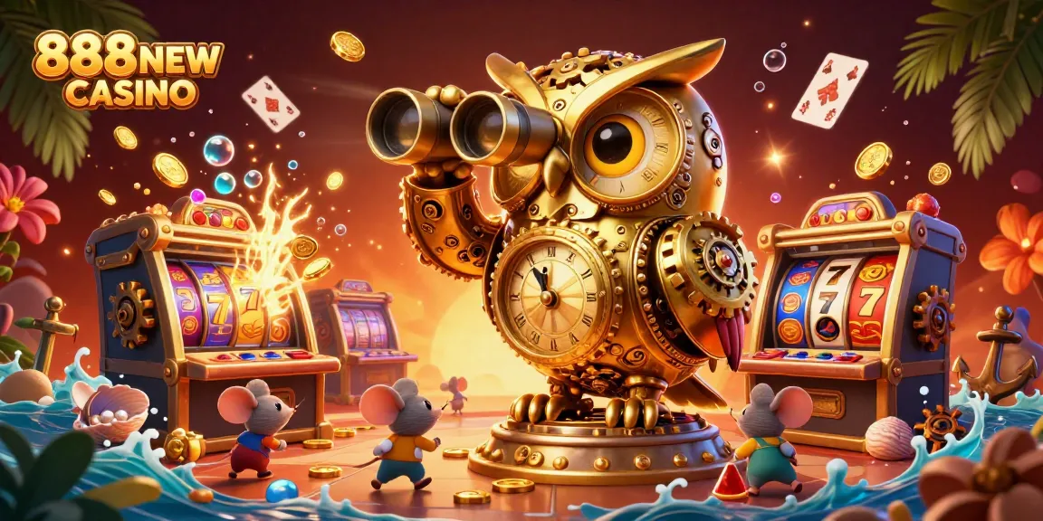 Experience the magic of 888NEW CASINO with a golden owl surveying vibrant slot game action.
