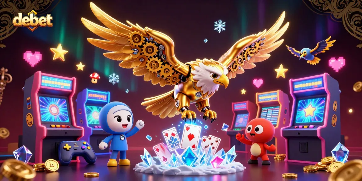 Engage with debet's immersive 3D illustration featuring a vibrant golden eagle amidst holographic casino symbols.