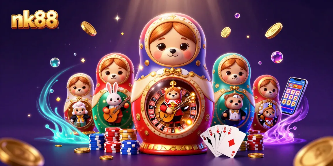 Engage in thrilling moments with nk88 as the Matryoshka bear and friends showcase a vibrant casino atmosphere.