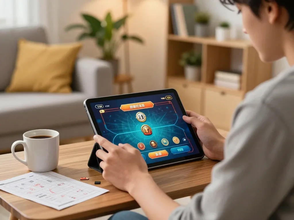 Engaging player enjoying LINK SUNWIN on tablet, illustrating online gambling strategy in cozy setting