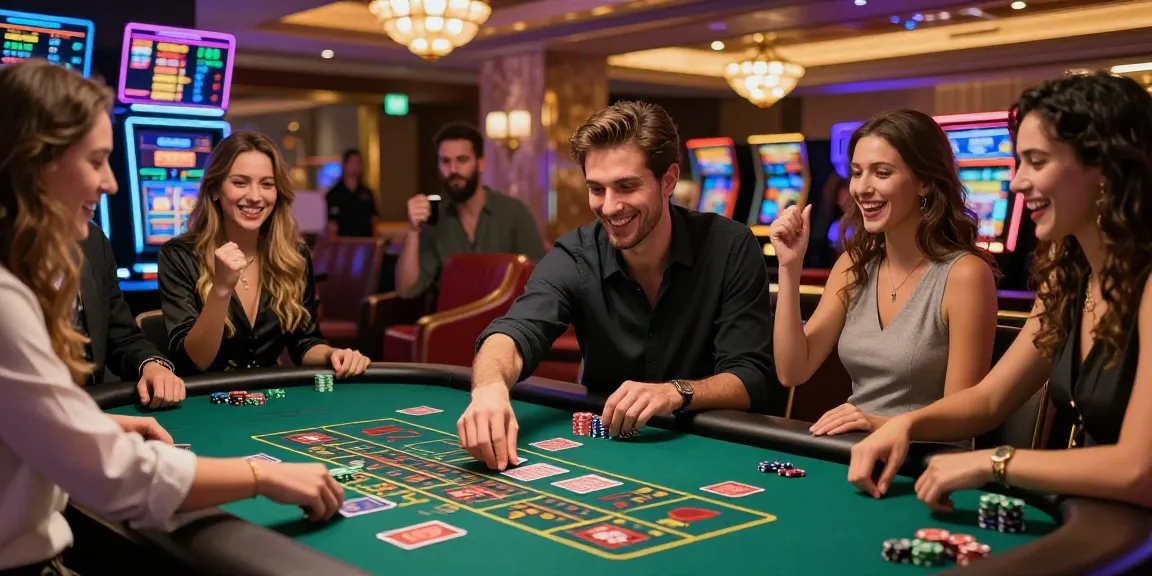 Group enjoying KO66 casino gaming experience with vibrant atmosphere and excitement around roulette table.