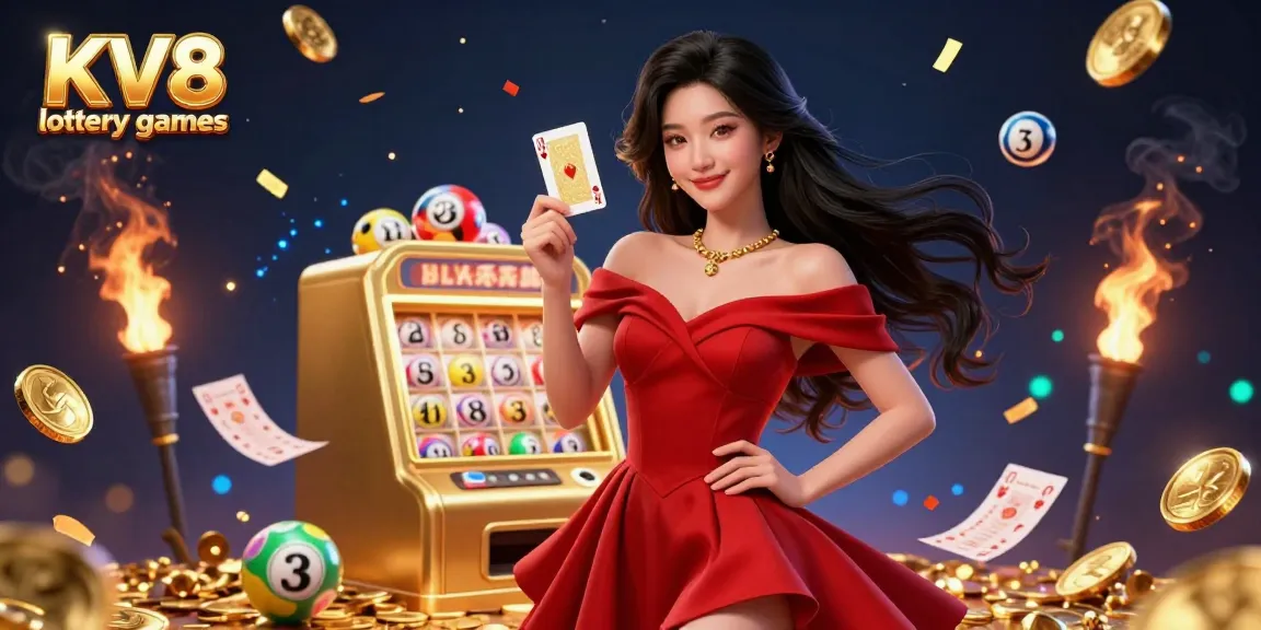 Experience KV8 lottery games with excitement as beautiful players engage with vibrant lottery machines and colorful balls.