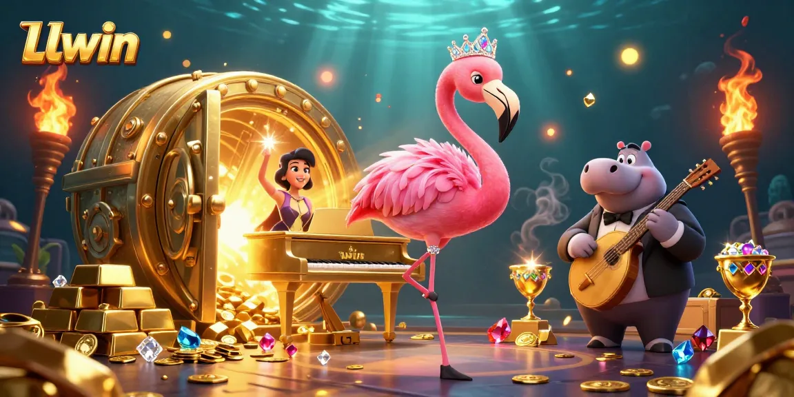 Experience the vibrant LLwin casino world with a flamingo singer and hippo bassist, surrounded by treasures.