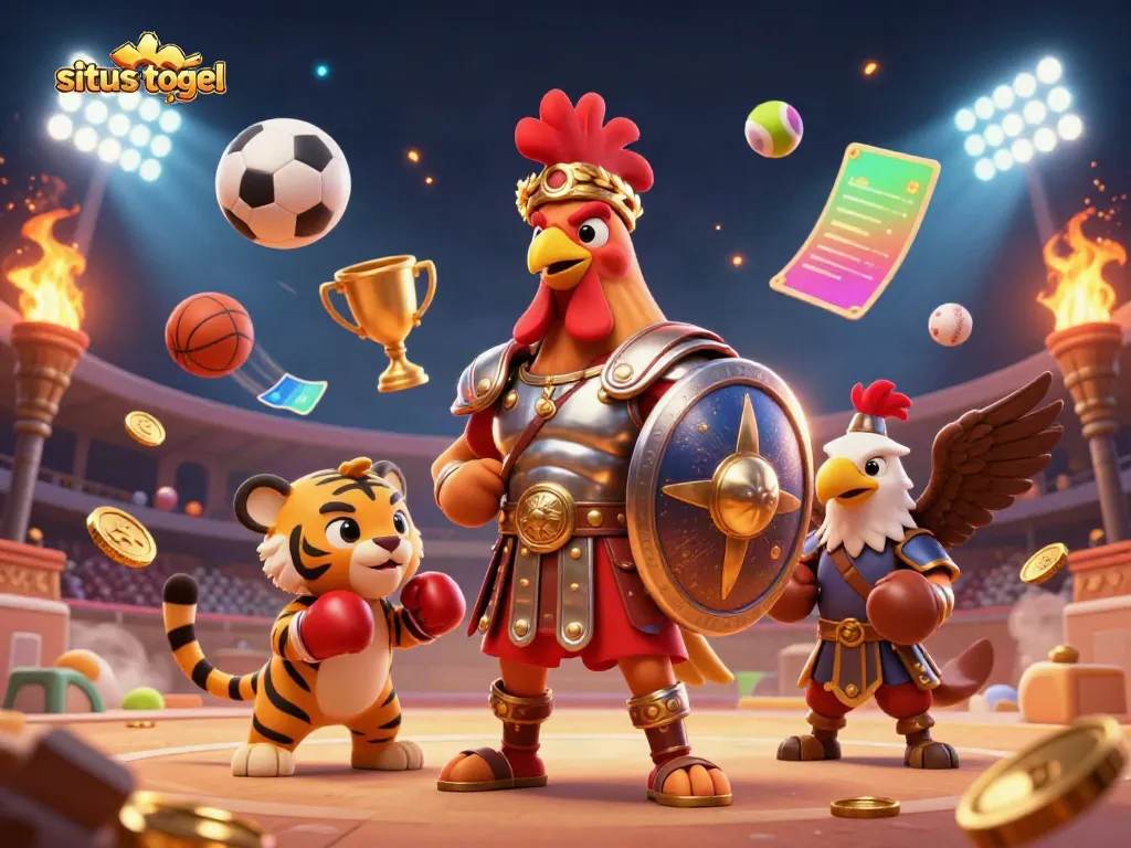 Engage in situs togel with a captivating scene of gambling energy featuring a rooster gladiator and dynamic elements.
